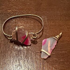 Gold and Pink Glass Handmade Wire-Wrapped Jewelry Set